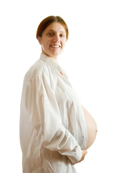 Mujer embarazada con camisa blanca — Foto de Stock