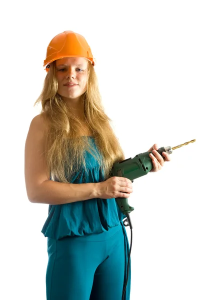 Girl in hardhat with drill — Stock Photo, Image
