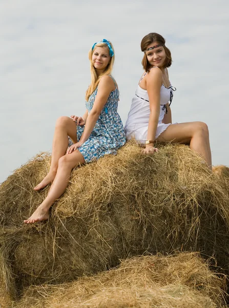 Raparigas do campo no feno — Fotografia de Stock