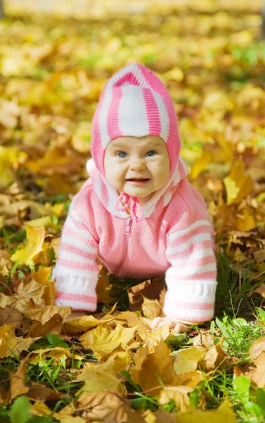 Le gamin est assis dans un parc d'automne. — Photo