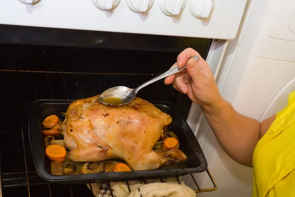 Mãos femininas assar frango no forno — Fotografia de Stock