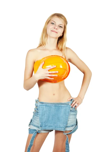 Topless girl covered with hardhat — Stock Photo, Image
