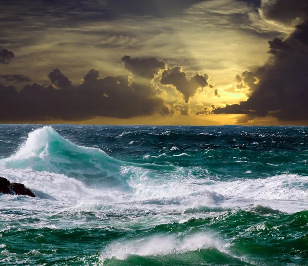 Wave during storm in sunset time — Stock Photo, Image