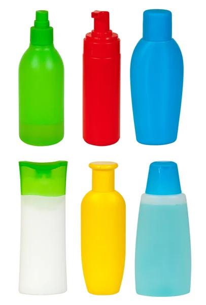 Set of six toiletries bottles — Stock Photo, Image