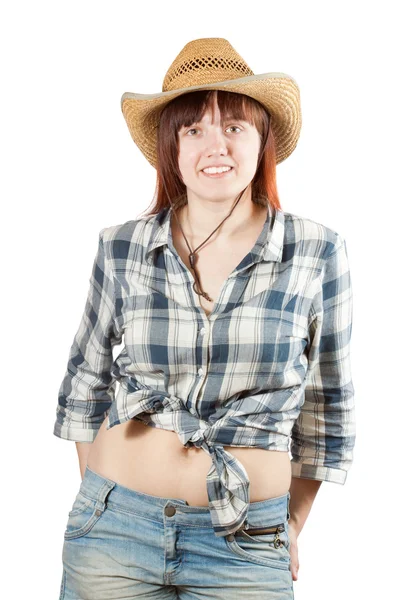 Vrouw in geblokte shirt en stro hoed — Stockfoto