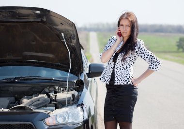 Woman waiting support near broken car clipart