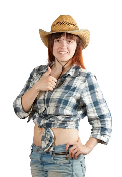 Happy pastoral woman with thumb up — Stock Photo, Image