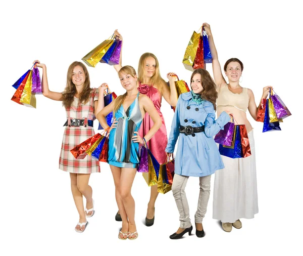 Csoport a lányok holding bevásárló táskák — Stock Fotó