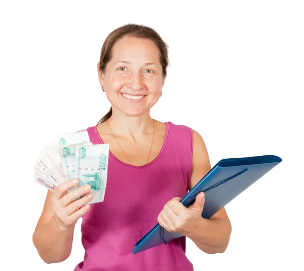 Женщина с папкой документов и деньгами — стоковое фото
