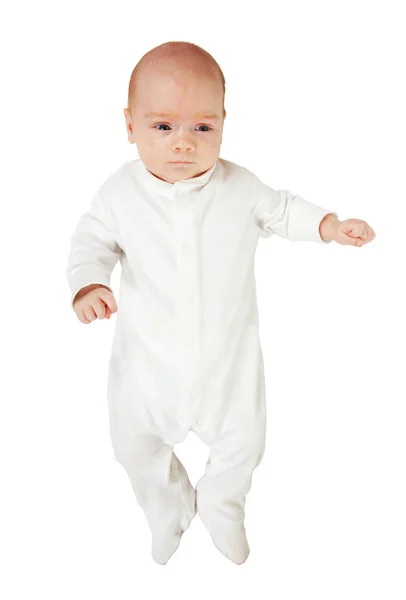Bebê em branco onesie sobre branco — Fotografia de Stock