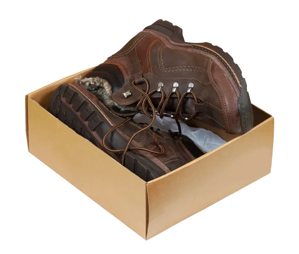 Winter men boots in sale box — Stock Photo, Image