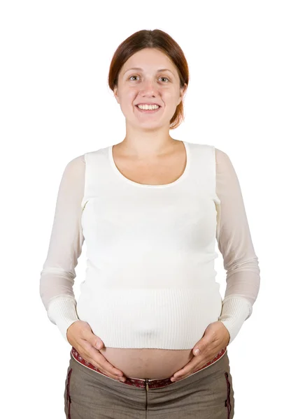 임신한 여자는 그녀의 아랫 배를 잡고 — 스톡 사진