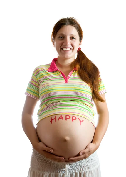 Mujer embarazada con HAPPY — Foto de Stock