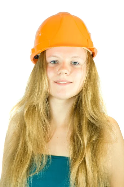 Dziewczyna w kapeluszu twardy — Zdjęcie stockowe