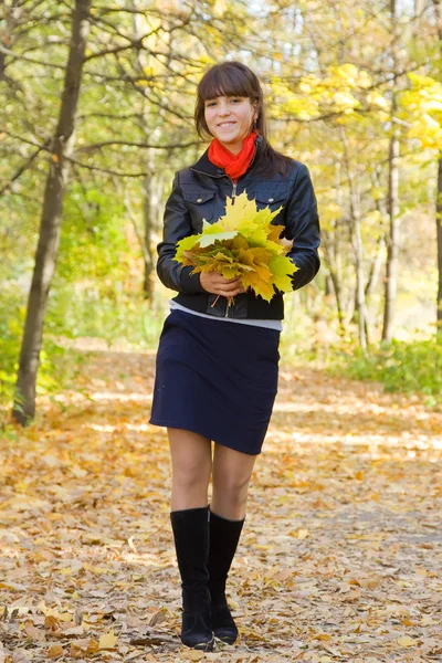 Parkta kızla akçaağaç yaprakları — Stok fotoğraf