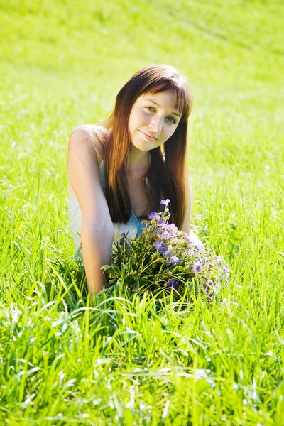 Menina em vestido violeta no prado — Fotografia de Stock