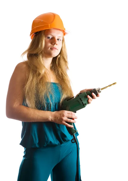 Menina em chapéu duro com broca — Fotografia de Stock