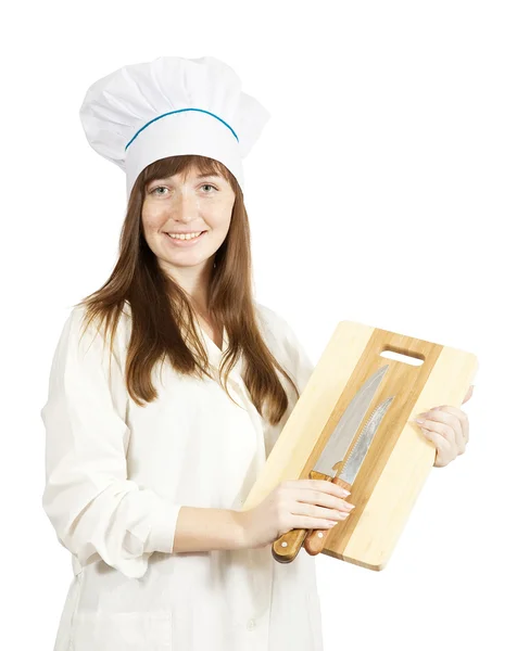 Cozinheiro segurando placa de corte e faca — Fotografia de Stock