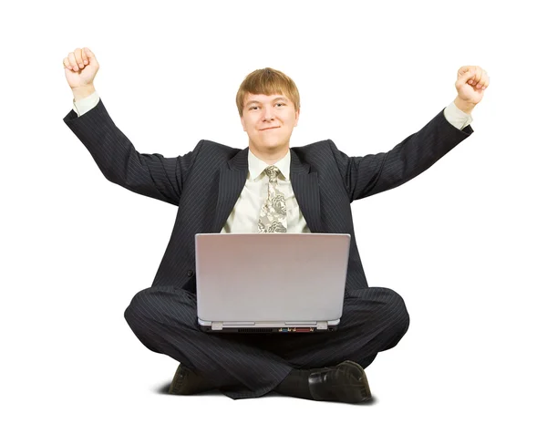 Счастливый человек с ноутбуком — стоковое фото