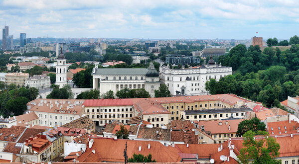Panoramic view, Vilnius old town . Belfry,Vilnius Cathedral church. Gediminas hill and tower