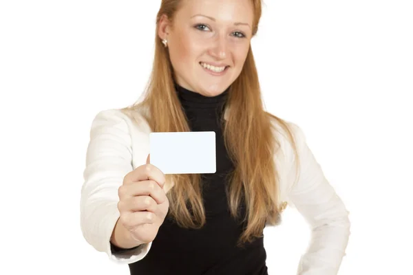 Menina loira com um cartão de visita em sua mão — Fotografia de Stock