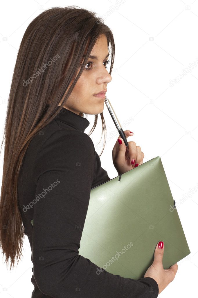 Business woman with folder and pen in hand