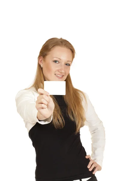 Blonde girl holding a business card — Stock Photo, Image