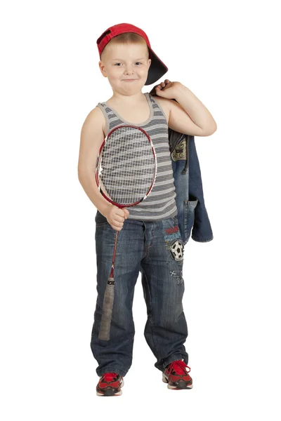 Niño con gorra de béisbol con raqueta de bádminton —  Fotos de Stock