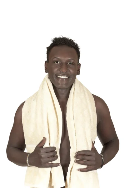 Νεαρός άντρας μαύρο με μια πετσέτα μετά από ένα ντους — Φωτογραφία Αρχείου