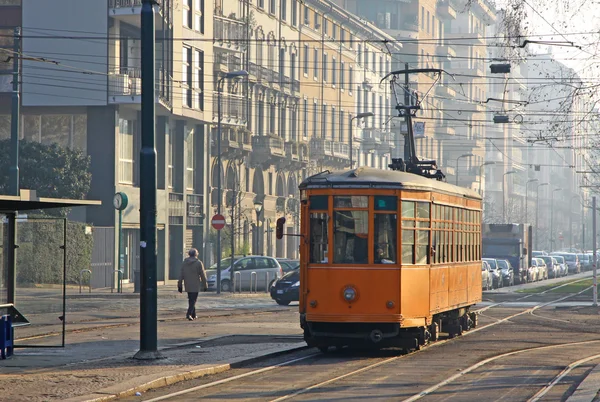 Vintage tram on the street of Milan — Stock Photo, Image