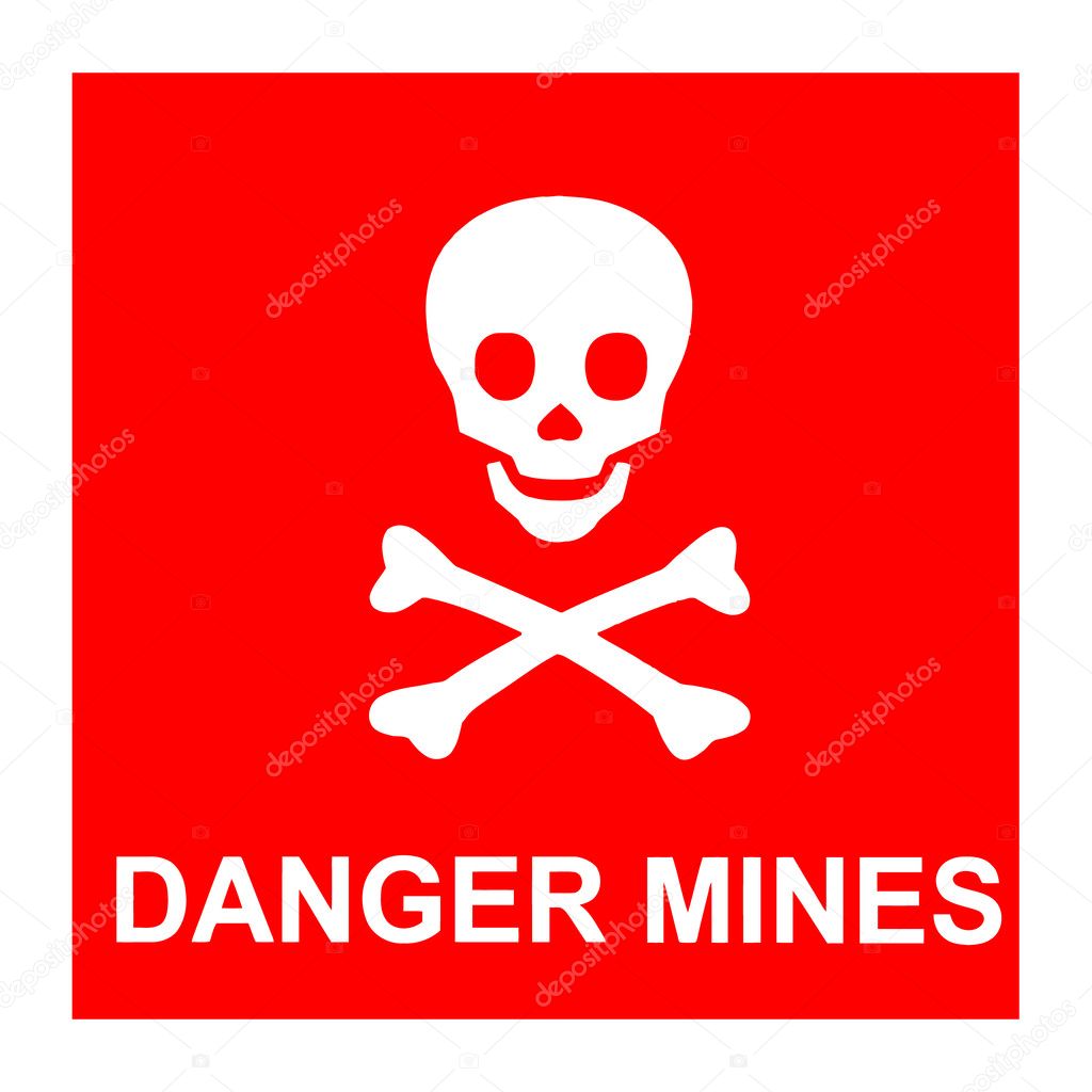 Red sign with skull and text *Danger mines*