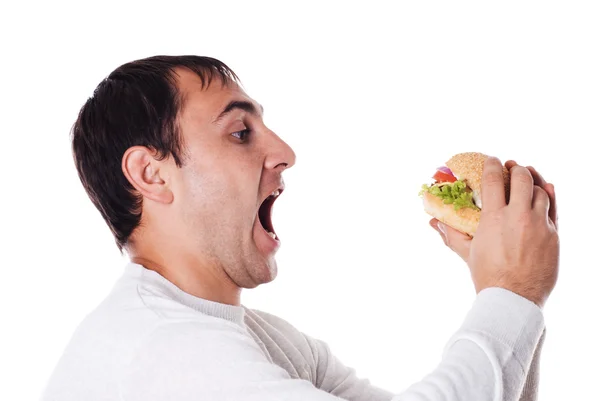 O homem quer um hambúrguer isolado — Fotografia de Stock