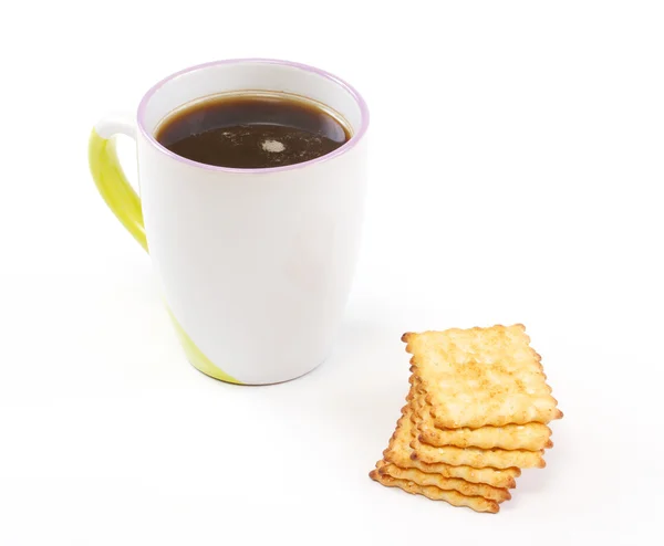 Tazza su caffè e pasticceria su sfondo bianco — Foto Stock