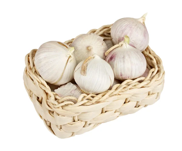stock image Several garlic onions in a basket isolated