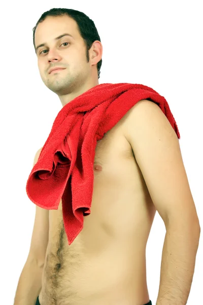 Belo homem musculoso com a toalha . — Fotografia de Stock