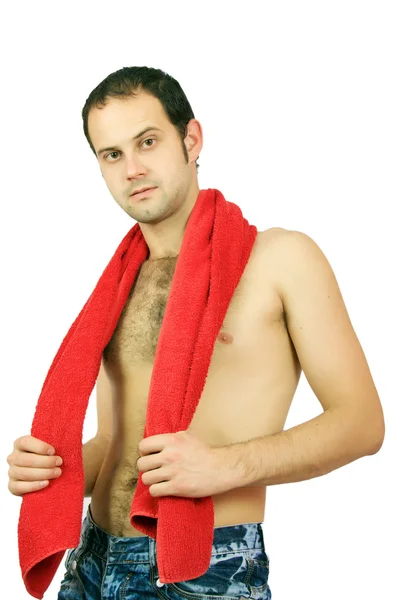 Krásný statný muž s ručníkem. — Stock fotografie
