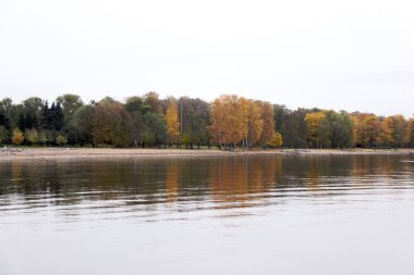 Nehir kıyısındaki renkli sonbahar ağaçları kalesi