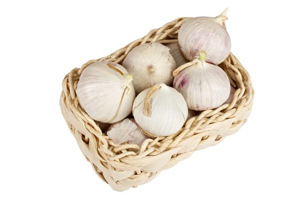 stock image Several garlic onions in a basket isolated