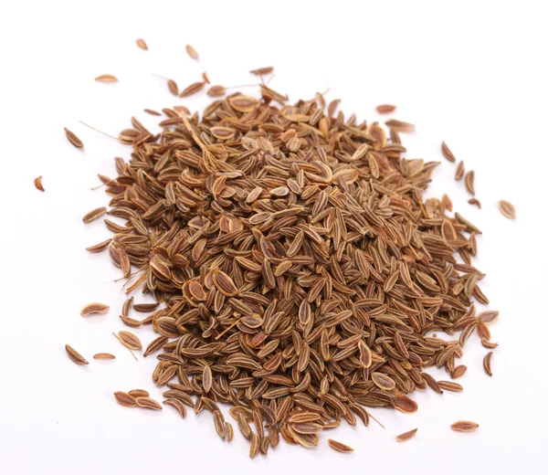 Pilha de sementes de endro no fundo branco — Fotografia de Stock