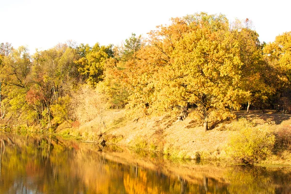 Coloridos árboles de otoño fortaleza en la orilla del río — Foto de Stock
