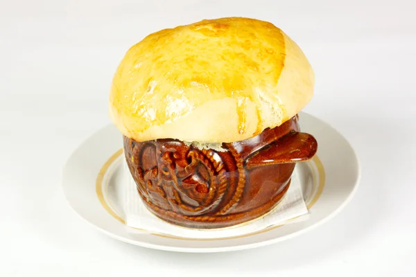 stock image Soup in a bread pot on an isolated background