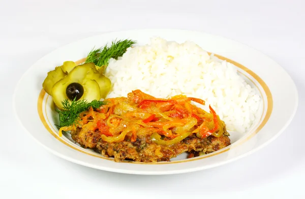 Carne despedido, arroz blanco y verduras — Foto de Stock