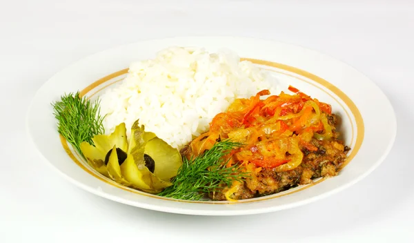 Carne despedido, arroz blanco y verduras — Foto de Stock