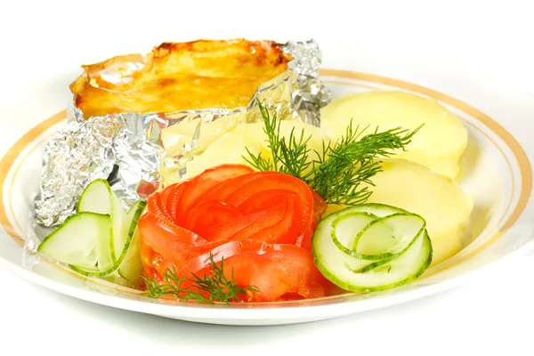 Baked Potato filled with meat and cheese on white plate — Stock Photo, Image