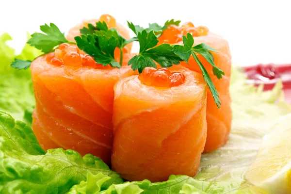 Roll with salmon and red caviar — Stock Photo, Image