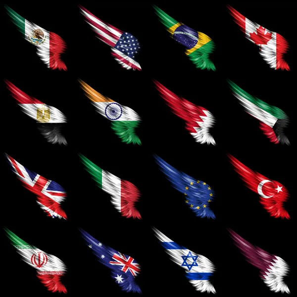 Set of european, african and american flags on wings — Stock Photo, Image