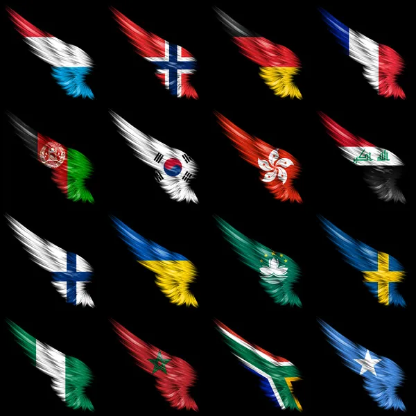 Set Europese, Afrikaanse en Amerikaanse vlaggen op vleugels — Stockfoto