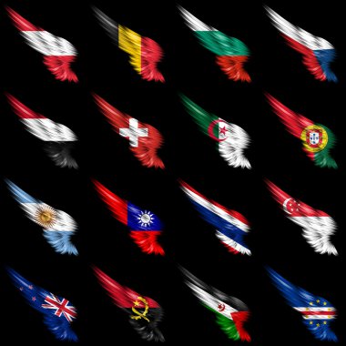 Set of european, african and american flags on wings clipart