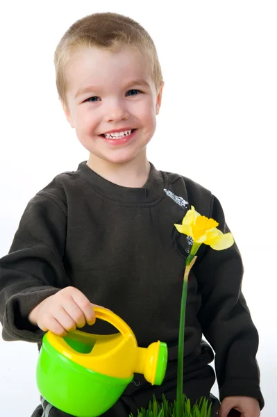 Söt liten pojke vattna blomman — Stockfoto