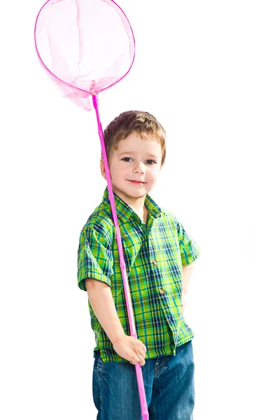 Bir kelebek ağı ile çocuk — Stok fotoğraf